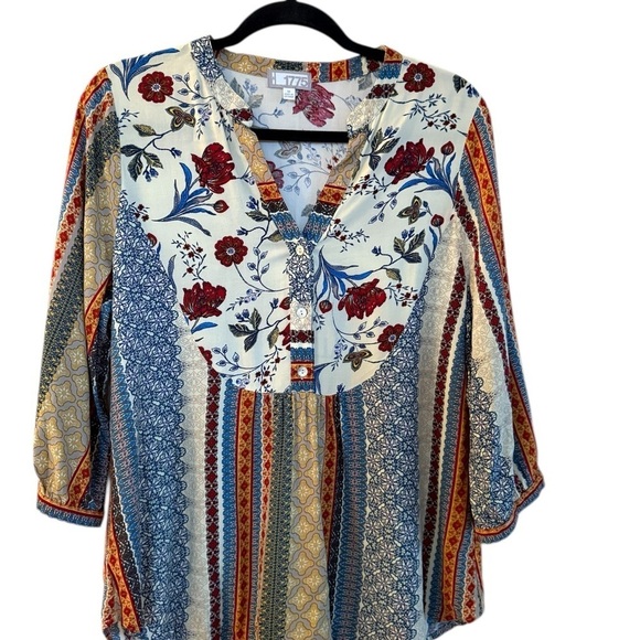 1765 Tops - Colorful Floral Striped Mix Media Blouse